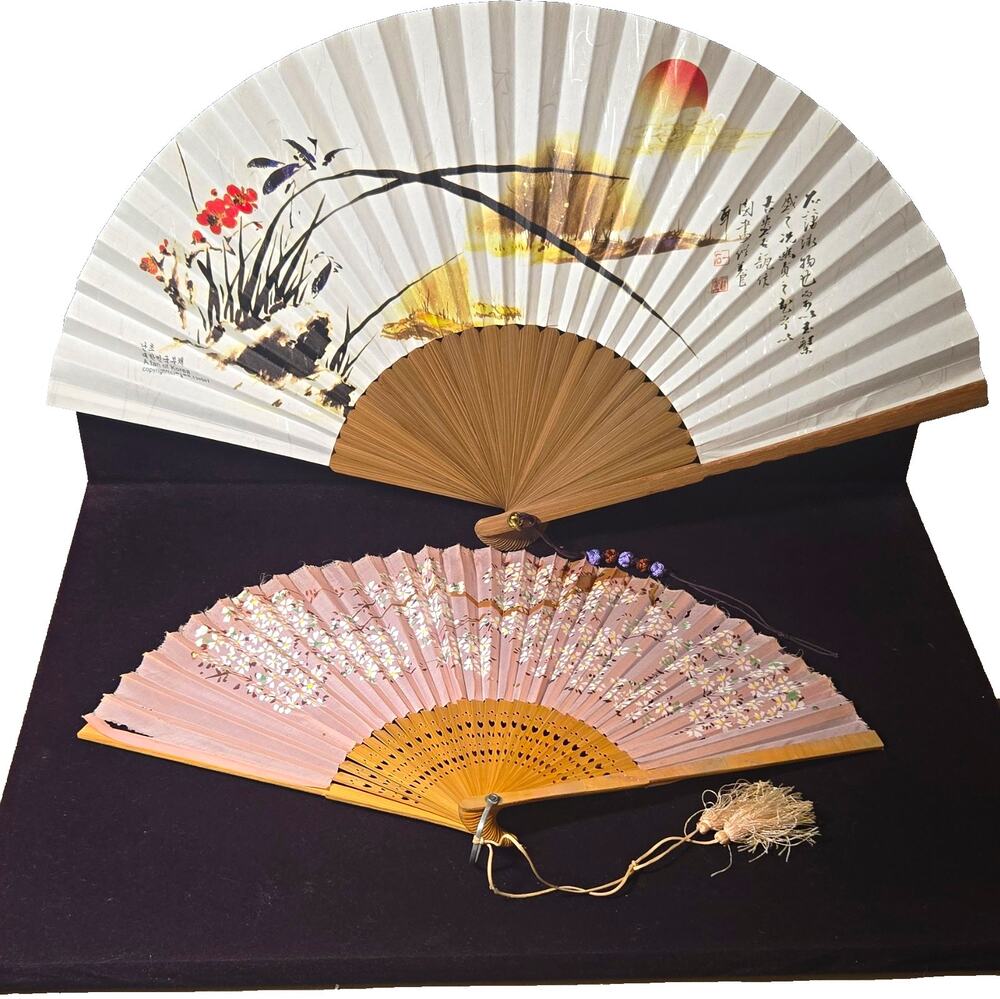 Lot of 2 Vintage Asian Folding Hand Fans Japanese Silk Sakura Korean Orchid Box
